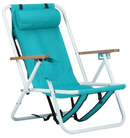 Outopee Folding Beach Chair, Portable Camping Backpack Beach Chair with 4 Level Positions, Adjustable Headrest, Cup Holder for Fishing Poolside Picnic, 120kg Capacity, Mint Green