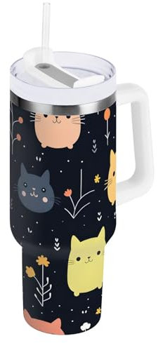 Mnsruu Vaso aislado de gatos de dibujos animados con asa, botellas de agua al vacío de acero inoxidable de 30 onzas con tapa y popote para agua, té helado o café