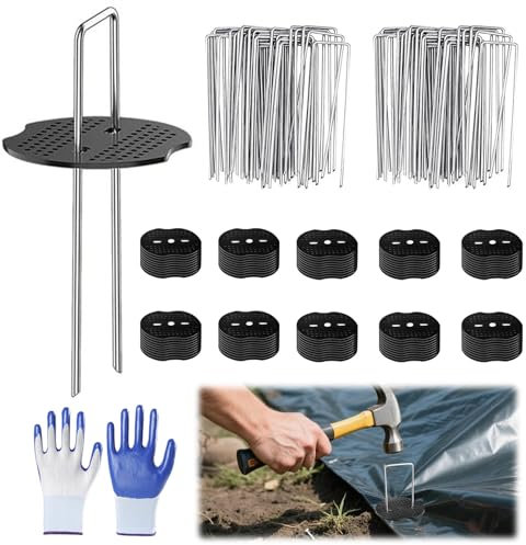Picchetti per Telo Pacciamatura, 100 Picchetti Giardino + 100 Rondelle, in Acciaio, 150x40x2mm, Fissaggio per Tessuto, Erba Artificiale, Prato Sintetico, Tenda da Campeggio