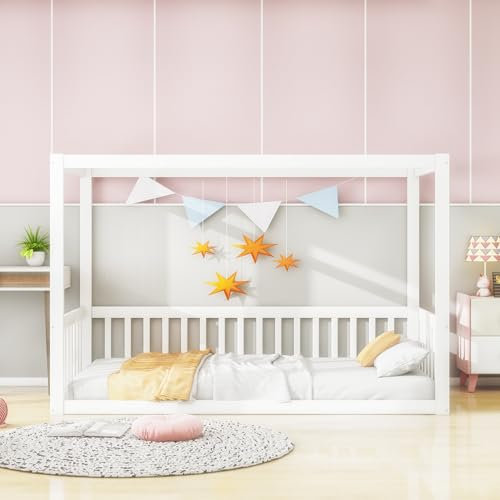 boorbin 90 x 200 cm Kinder-Standbett, Himmelbett Massivholz Bettgestell für Kinder Jugendliche (Weiß)