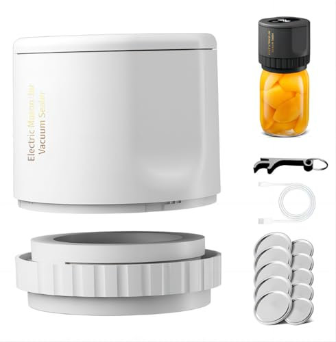 freshguardrd Elektrischer Vakuumierer mit Deckel Set – Vakuumiergerät für Gläser mit 1-Knopf-Bedienung, inkl. 10 Vakuumdeckel, Lebensmittel Frischhalten ohne Plastik (White)