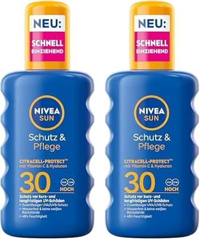 NIVEA SUN Schutz & Pflege Sonnenspray LSF 30, wasserfestes Sonnencreme Spray mit Vitamin C & Hyaluron, schnell einziehender Sonnenschutz für 48h Feuchtigkeit (200 ml) (Packung mit 2)