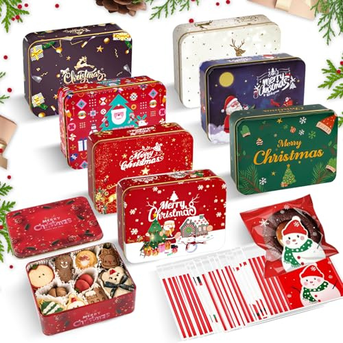 UBERMing 8 Stück Keksdose Weihnachten Metall mit 100 Keksbeutel, Weihnachtsdosen Plätzchendose Eckig Klein Weihnachtskeksdosen Gutschein Dose, Geschenkverpackung Blechdose für Süßigkeiten Tee Kaffee