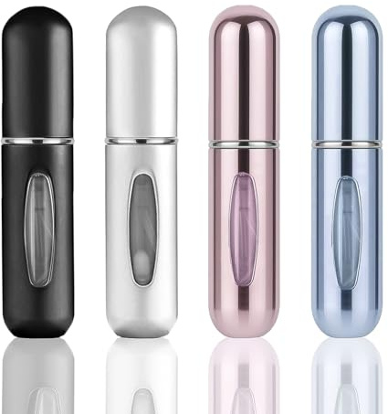 Atomizador de perfume recargable de 5 ml, mini botella de viaje, impermeable y portátil, para bolso o avión, juego de 4 (negro, plata, rosa, azul)