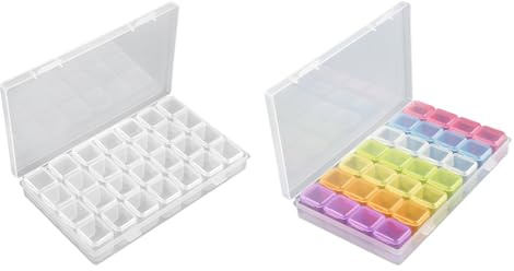 Rieoany Multi Compartment Storage Boxes, 2 Pack Diamond Art Organiser with 28 Grids, Small Plastic Containers with Lids for Bead Storage and Nail Art, Rings Earrings Craft Supplies