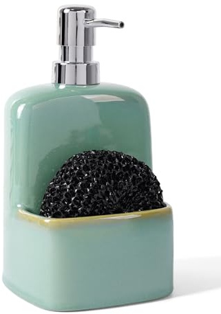 BosilunLife Spülseifenspender – Salbeigrün Keramik Küche Seifenspender mit Schwammhalter Matte Keramik Seifenspender Daddy Spender 590 ml für Küche Seifenpumpe und Schwämme Caddy