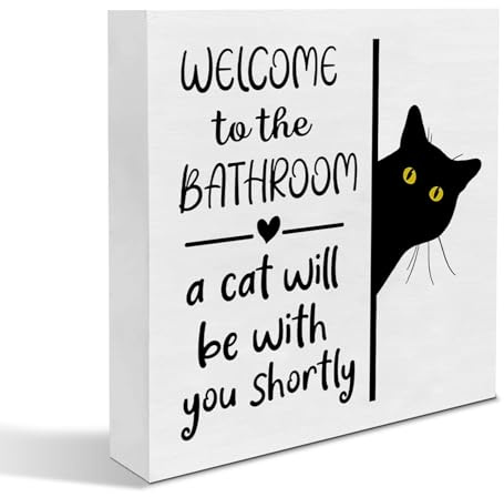 Dszemie Bathroom Sign, Funny Bathroom Decor, Decor with Charming Cat, Black Cat Wall Art for Lovers, Black for Toilet Restroom Shelf Home Decorations, for Cats Lovers