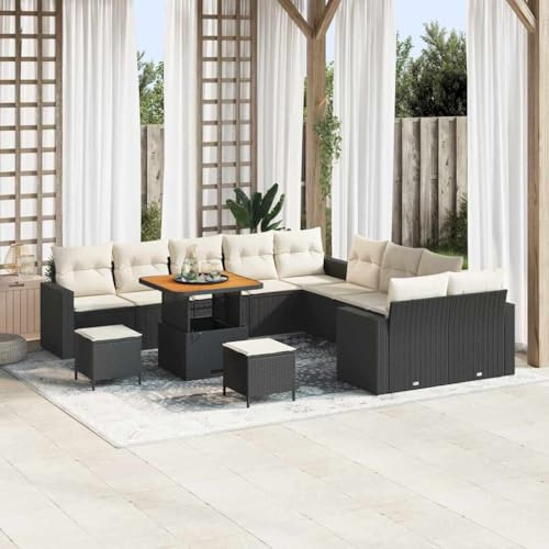 Teenpull Garten-Sofa-Set 13-teilig, Schwarz Poly-Rattan & Akazienholz, Outdoor Terrassenmöbel mit Tisch, für 12 Personen, modernes Design, langlebig