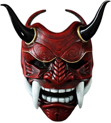 Japanische Maske, Oni-Maske, gruseliges Vollgesichts-Latex, japanische Hannya mit Reißzähnen und Ochsenhorn, 11 x 9, 5 Horror-Teufelsmasken für Halloween, Maskerade, Cosplay-Requisiten, Rot