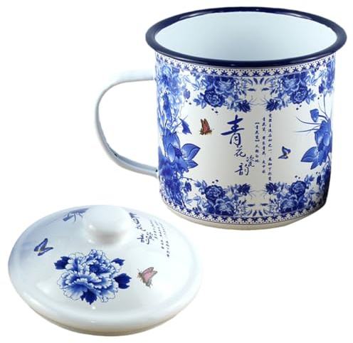 KOCKSHION Vintage Enamel Mug Blue and White Porcelain Tea Cup 500Ml Thick Enamelware for Daily Use Camping and Travel
