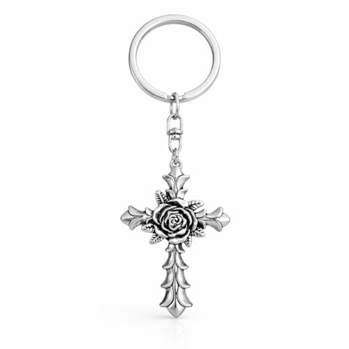 VEOWOO Cross Keyring – Rose Keychain Bag Charms for Women with Vintage Style, Cool Key Rings Car Keys Gifts for Colleagues, Teenages, Friends, Family, Girls