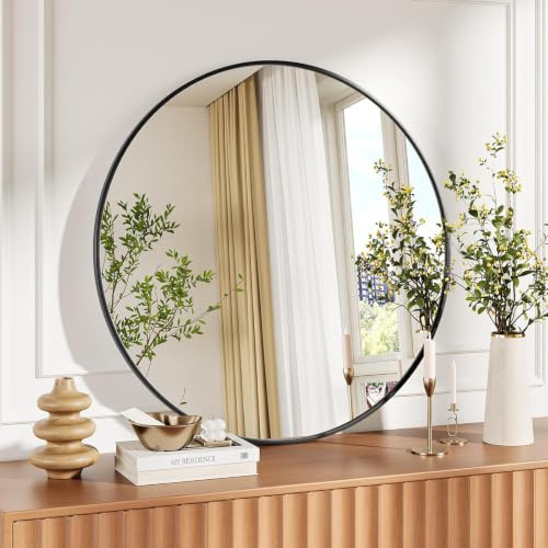 Schwarzer Runder Badezimmerspiegel 80cm mit gebürstetem Metallrahmen | HD-Glas Wandspiegel für Make-up, Bad, Wohnzimmer, Flur & Eingangsbereich