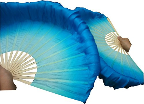 Winged Sirenny Pairs Short Silk Flutter Folding Fan for Worship and Chinese Folk Dance Performance, 4 Silk over 12 Bamboo (light turquoise-turquoise)