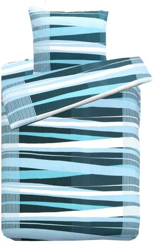 Hochwertige Biber Bettwäsche Baumwolle Streifen 155x220 80x80 Set 2tlg, Farbe Türkis