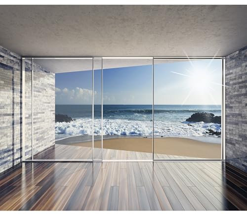 decomonkey Fototapete Fenster zum Meer Strand 400x280 cm XXL Design Tapete Fototapeten Vlies Tapeten Vliestapete Wandtapete moderne Wand Schlafzimmer Wohnzimmer Landschaft