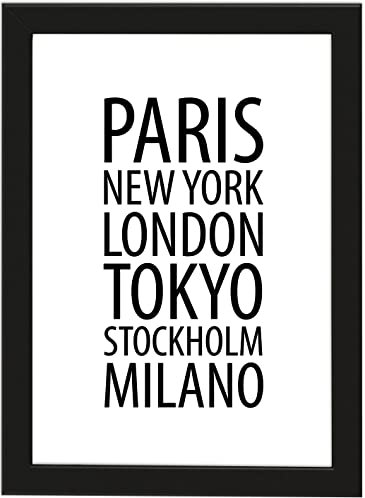 Deqosy Poster DIN A4 Fashion Cities, gerahmt mit schwarzem Bilderrahmen, Geschenk, Geschenkidee, Geburtstagsgeschenk, Poster mit Rahmen, Kunstdruck, Typographie (Fashion Cities)