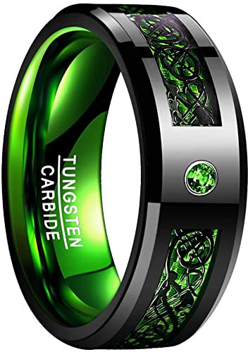 NUNCAD Herren Damen Unisex Ring aus Wolfram mit Zirkonia und Kohlefasern 8mm Schwarz + Grün für Hochzeit Verlobung Alltag Fashion Größe 67.2 (21.4)