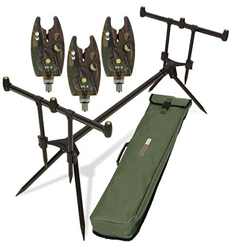 G8DS® Set Rod Pod Rutenhalter + Tragetasche inklusive 3 Bissanzeiger mit Lautstärke- und Tonregler für + LED Karpfen Angeln