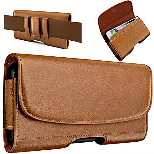 PiTau Holster for iPhone SE 8 7 6 6s, Cell Phone Belt Holder with Clip for Men, Fits Smartphone with Case On, Cellphone Cover with ID Card Pouch, Brown- Small