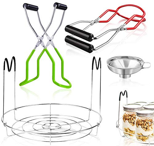 Jar Lifter tongs and Canning Rack Set with Canning Funnel,Stainless Steel Funnel Kitchen Jar Funnel Jar Lifter Tongs and Anti-Slip Canning Jar Lifter