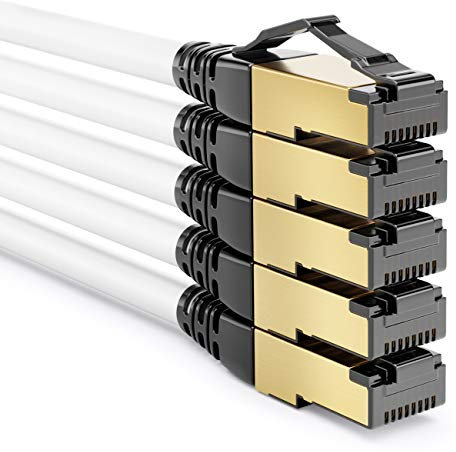 deleyCON 5x 2m Cable de Conexión CAT8.1 Cable de Red Cable de Datos S/FTP PIMF 2000MHz 40Gbit RJ45 Cable LAN DSL Cable Ethernet CAT.8 Conector RJ45 - Blanco