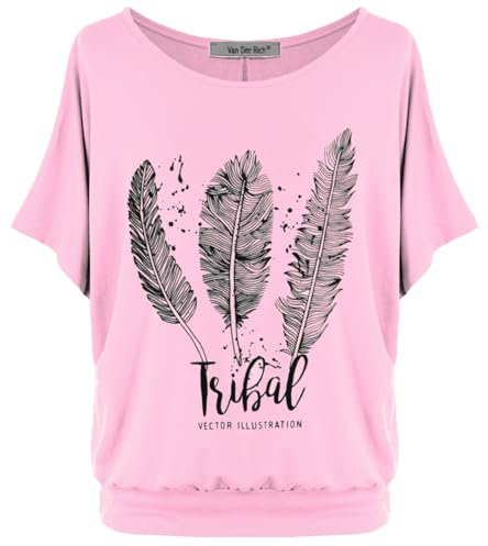 Van Der Rich ® - Tee Shirt Imprimé Oversize Manche Chauve Souris - Femme (Plume-Rose, L)
