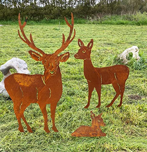 3er Set Hirsch Familie REH mit Rehkitz und Hirsch 117cm Gartenstecker Edelrost Gartendeko Rost Metall Rostfigur Hirsch Kitz von Steinfigurenwelt