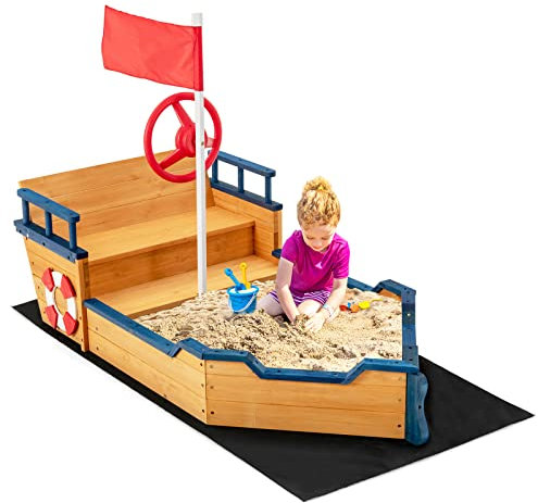 COSTWAY Sandkasten aus 100% massivem Tannenholz, Piratenschiff Boot mit Sitzbank und Stauraum, inkl. Bodenplane, Kinder Sandkiste Segelschiff Outdoor, inkl. Fahnenmast und Ruder