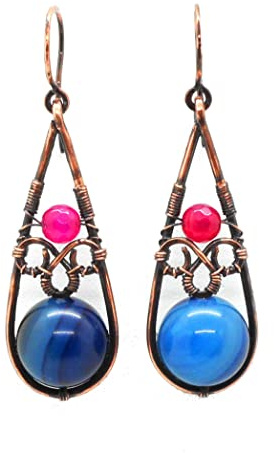 Orecchini rame lunghi Agata rosso blu fucsia celtico vintage antichi goccia pendenti regalo festa pietre dure compleanno mamma fatti a mano artigianali