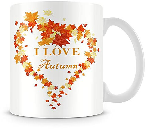 Giftme I Love Autumn Fall Leaves Heart Shaped, Happy Fall, Thanksgiving, Birthday, Christmas Coffee Tea Mug Unique 11oz White Ceramic Mug.