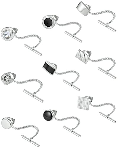 Ofeiyaa 9Pcs Tie Pins for Men with Chain Tie Tack Clutch for Wedding Meeting Party Business Jewelry