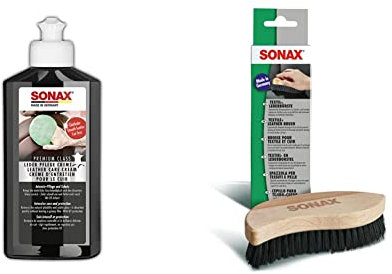 SONAX PREMIUM CLASS LederPflegeCreme (250 ml) & Textil+LederBürste (1 Stück) Trocken- und Feuchtreinigung von Textilien sowie zur schonenden Reinigung von Glattleder-Oberflächen | Art-Nr. 04167410