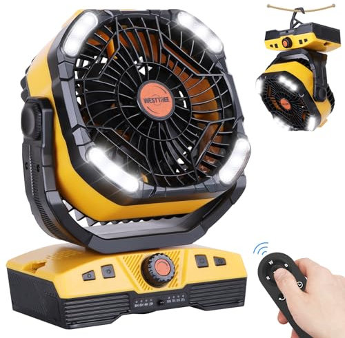 WESTTREE Camping Fan 20000mAh Rechargeable Battery Operated fan Outdoor Tent Fan with Light & Hook, 270° Pivot, knob Speeds, Personal fan USB Desk Fan for Camping, Power Outage Yellow X68