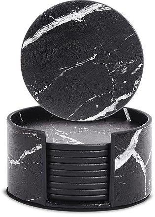 Castagnola Kunstleder Design Untersetzer mit Halter | Untersetzer für Gläser | Untersetzer Set | Trinkuntersetzer | Kunstleder | Lederuntersetzer | 10er Set (Schwarz/Weiß) - 10 STK)