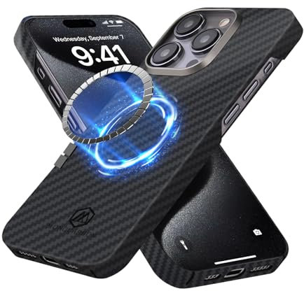 MONOCARBON Schutzhülle aus echtem Aramidfaser für iPhone 15 Pro Max, luxuriös, 0,1 cm, ultradünn und leicht, schlanke Passform, 17 cm, sturzsicher, kompatibel mit MagSafe, mit Kameraschutzring aus