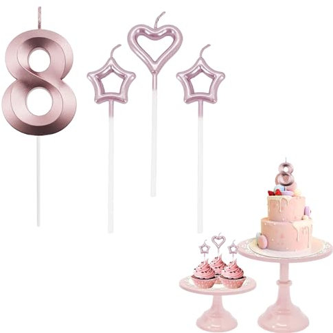 8th Birthday Candle Rose Gold Number 8 Candle for Birthday Cake with Heart-Shaped Candles, Rose Gold 8 Candle for Cake Birthday Cake Topper Decorations for Girls Birthday Wedding Anniversary Party