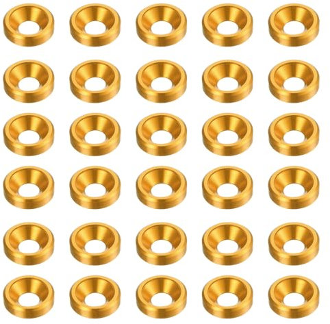 sourcing map 30 Stück Senkkopf-Unterlegscheiben M3 aus eloxiertem Aluminiumlegierung, Schraubendichtungen für mechanische Zubehörteile, golden