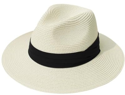 QUUPYSTORE Chapeau de paille Fedora pour femme - Chapeau d'été à large bord - Pliable - UPF 50+, blanc, 6 7/8/7 1/8