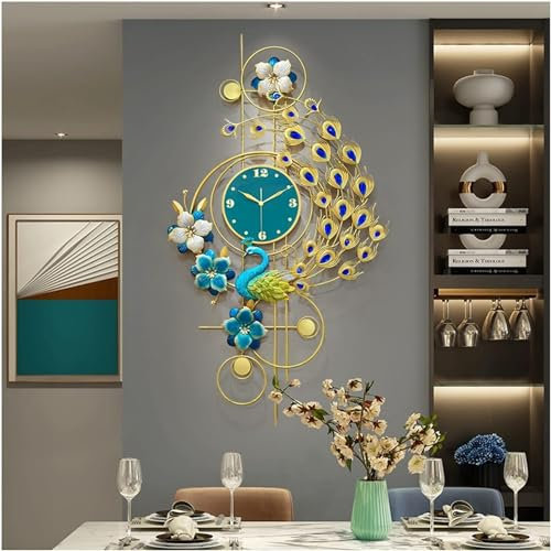 CUNTO Großer Pfau, 23,6 * 39,4 Zoll, kreativer, luxuriöser Pfau aus der Mitte des Jahrhunderts, Nicht tickende, geräuschlose dekorative Quarze für Wohnzimmer, Schlafzimmer, Esszimmer