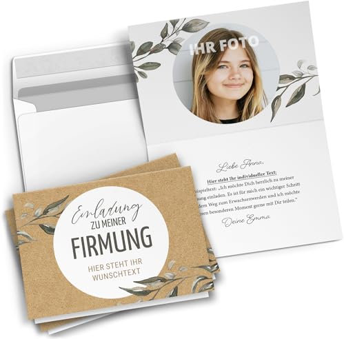 10 PERSONALISIERTE Einladungskarten Firmung mit eigenem Text und Foto - Kraftpapier Look - Einladungen zur Firmung mit Umschlägen Jungen und Mädchen