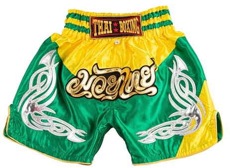MUAY NATION Muay Thail-shorts för barn (2 år – 12 år) flickor pojkar boxbyxor för kickboxning MMA kampsport, Prm gul/grön, 9-12 år