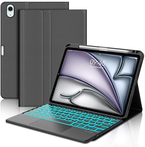 Keyboard Case with Touchpad for iPad Air 11 inch(M3 2025, M2 2024), Wireless Bluetooth Backlit Trackpad Keyboard with Protective Cover and Pencil Holder for iPad Air 10.9 inch(5th Gen, 4th Gen), Black