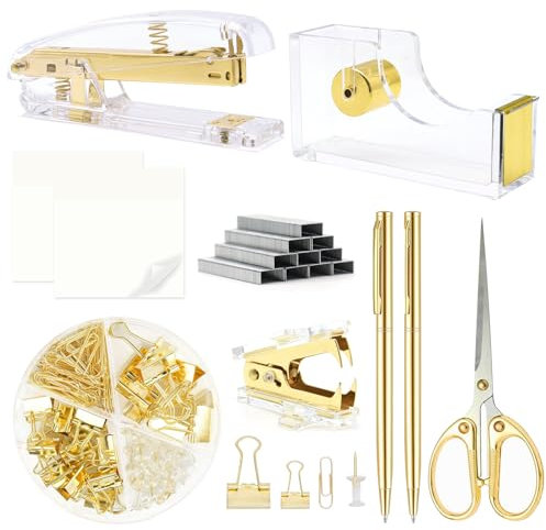 Goldfarbenes Bürobedarf, goldenes Schreibtischzubehör, Hefter und Klebebandspender-Set mit Hefter, Klebebandabroller, Heftklammern, Clips, Schere, Kugelschreiber und Haftnotizen, Geschenke für