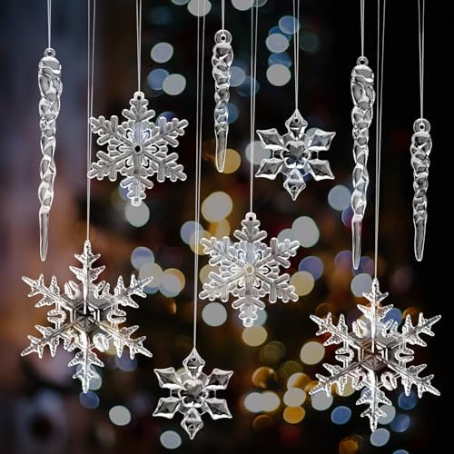 Feelhap 47 Piezas Adornos de Copos de Nieve y Carámbano de Cristal Acrílico Adornos para árbol de Navidad Decoracion Navidad Adornos para árbol de Navidad Colgante de Árbol de Navidad con Line