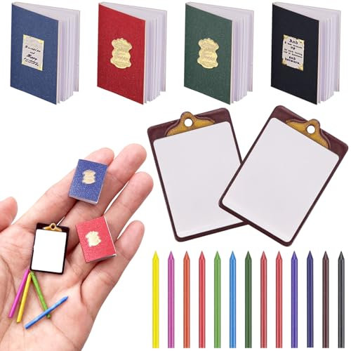 Miniatur Wichtel Zubehör, 19 Stück 1:12 Weihnachten Mini Puppenhaus Zubehör Buch Klemmbrett Buntstift Set, 1/12 Miniaturpuppe Schulbedarf Wichtelzubehör Deko für Dollhouse DIY Weihnachts Geschenk