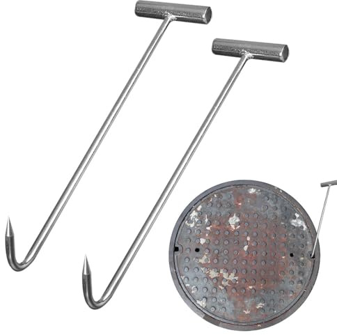 Vmxlso 2 Stück T-Haken Kanaldeckelheber - 30cm Schachtdeckelheber aus Edelstahl, Gullideckel Hebewerkzeug, Silber Schwer für Aufhängen von Schweren