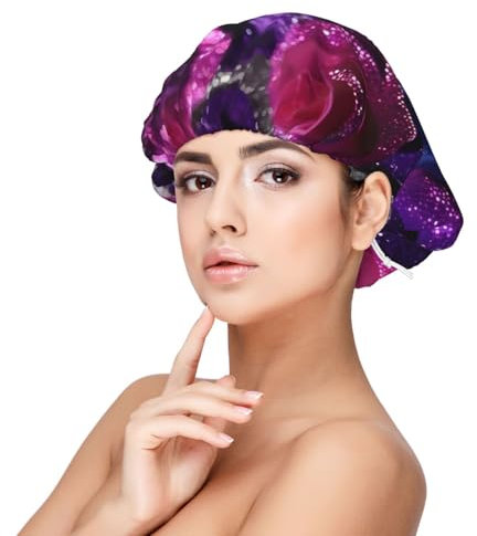 Cuffia con rose glitterate per dormire, per adulti, in raso, per dormire, per uomini e donne, per capelli ricci, Nero , Taglia unica