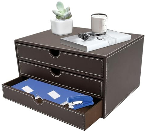 Aktenschrank mit 3 Schubladen,Home Office Desktop Schreibtisch-SchubladenboxPU-Leder-Schubladenbox,Schmuck Kosmetik Organizer 33 X 25 X 18cm (Kaffee)