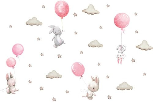 Wandtattoo Wolken Sterne Hasen Luftballons, 1 Stück Wandtattoo Kinderzimmer Mädchen, Tapete Kinderzimmer, Fototapete Kinderzimmer, für Babyzimmer Wohnzimmer Schlafzimmer Fenster Wanddekoration