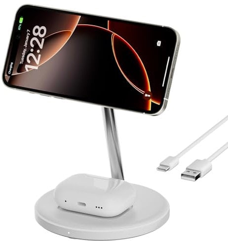 INMOZATA 2 in 1 Magnetic Wireless Charger, Fast Wireless Charger Compatible with iPhone 16/15/14/13/12 Series, Samsung Galaxy, Wireless Phone Charger stand for AirPods, Galaxy Buds-White